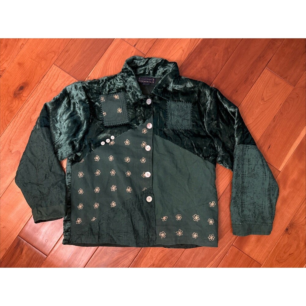 Green Velvet Rayon/cotton Blouse Jacket Size Large Button Up